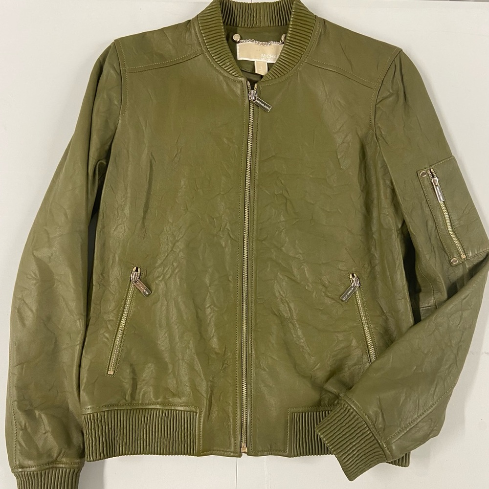 Olive Green, Bomber Jacket, Distressed lamb leather, front zip & left arm pocket